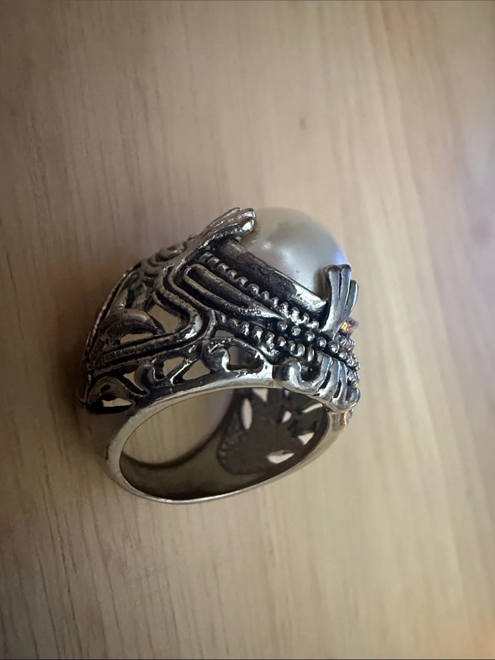 Vintage Premier Designs Silver Ornate Statement Ring Gaux Pearl BOHO